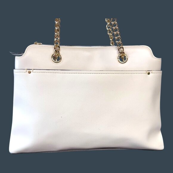 Calvin Klein White Purse Pocketbook Chain Straps Key Item Saffiano Leather Tote - Picture 9 of 12